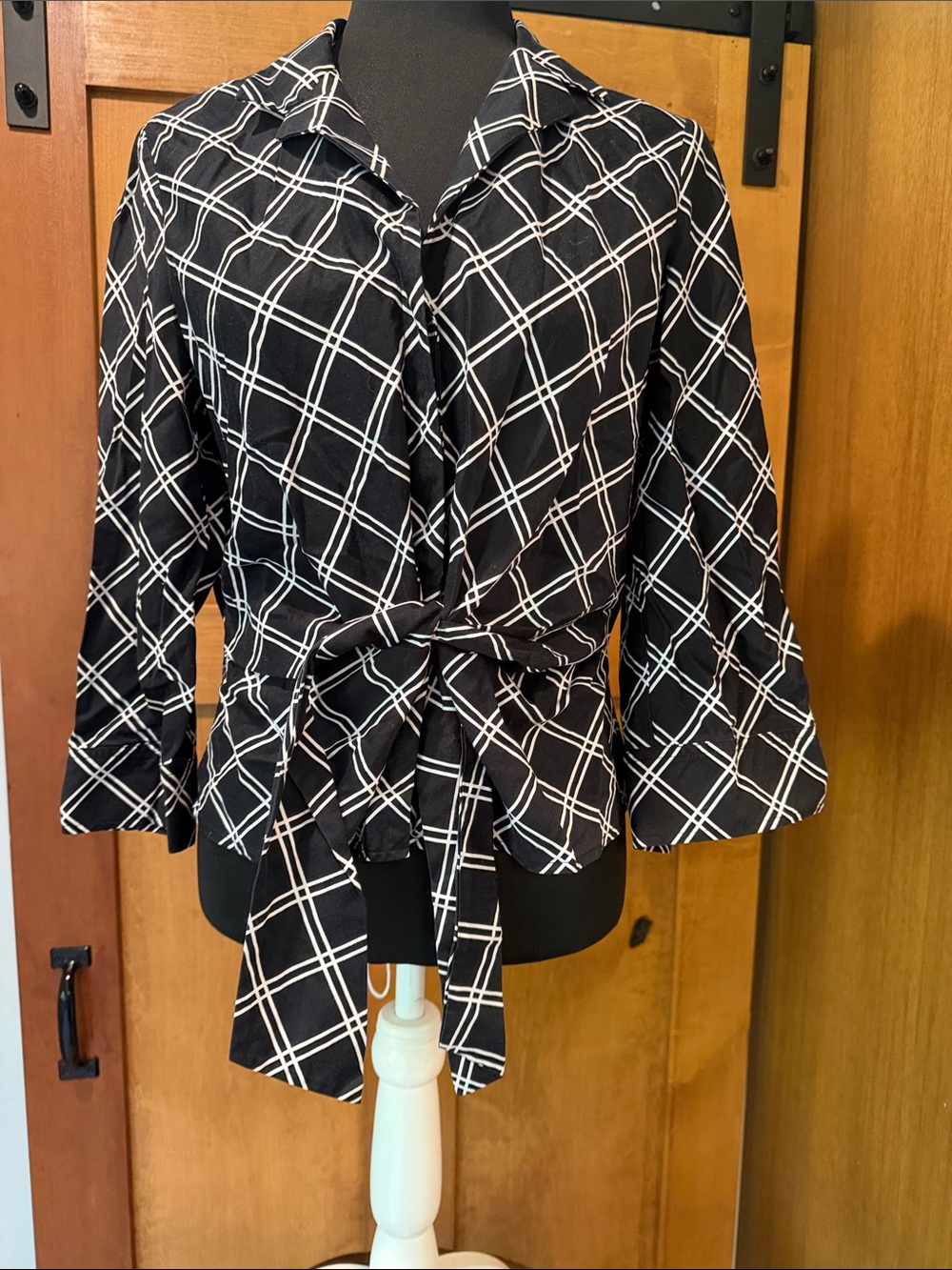 Women's Black and White Tie-Front Top